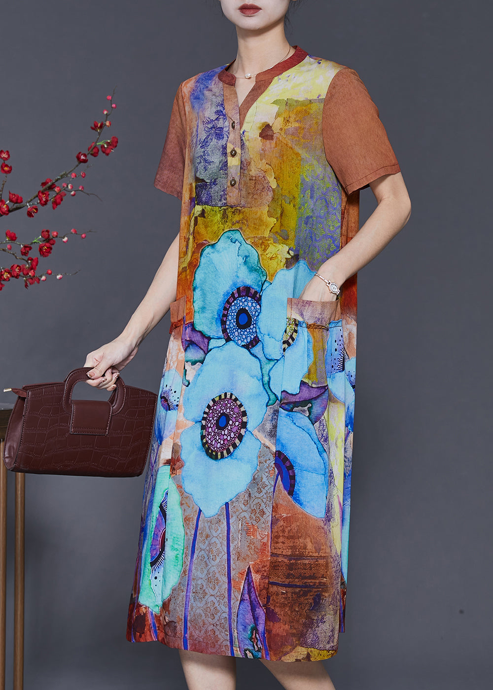 Classy Orange V Neck Print Chiffon Maxi Dresses Summer SD1075 Ada Fashion