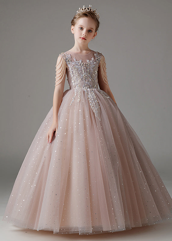 Classy Pink O-Neck Sequins Patchwork Tulle Kids Long Dress Sleeveless QV009 WS-JRTZSDGL241026