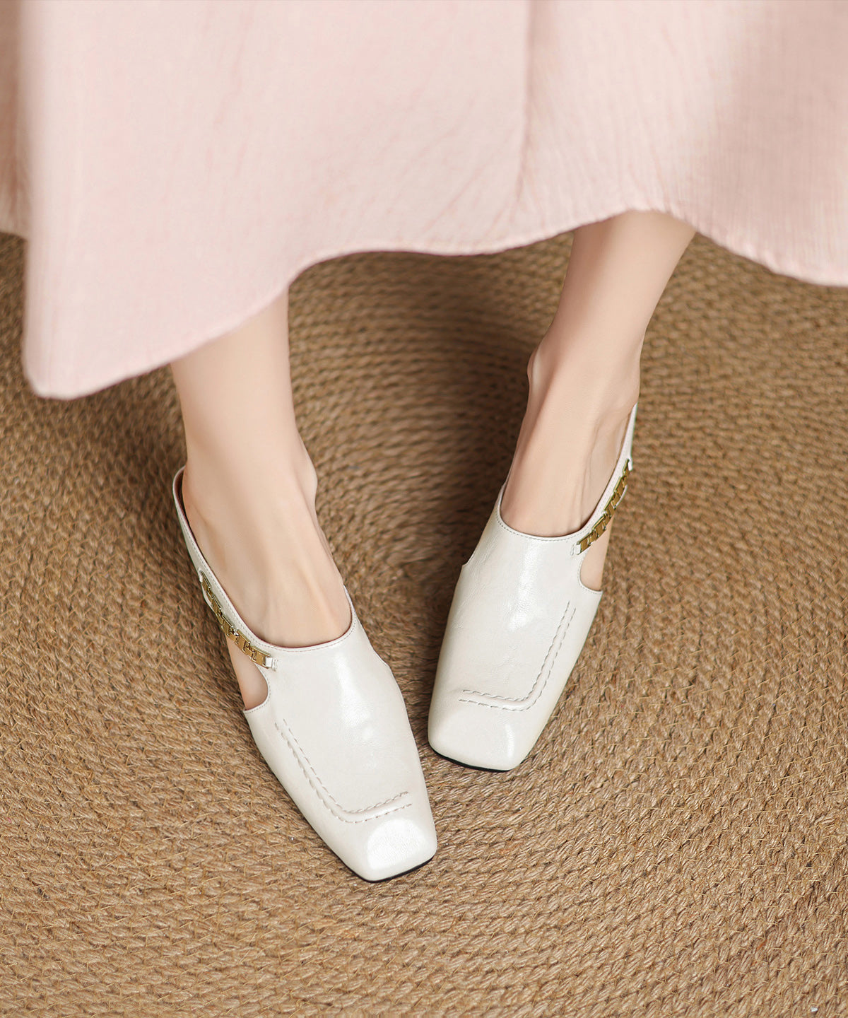 Wedge Classy Cowhide Splicing Slide Leather Pink Sandals FashionChic