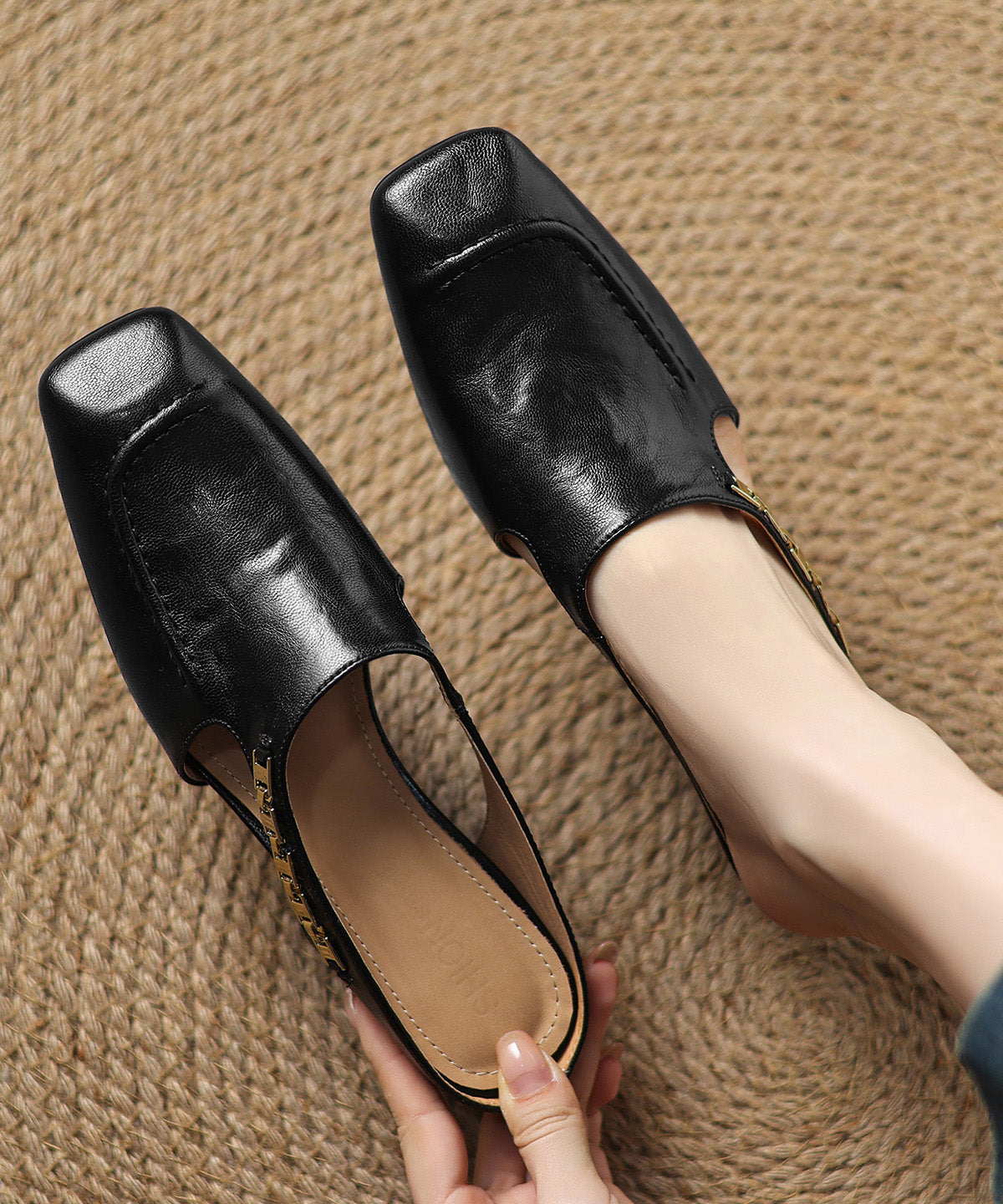 Wedge Classy Cowhide Splicing Slide Leather Pink Sandals FashionChic