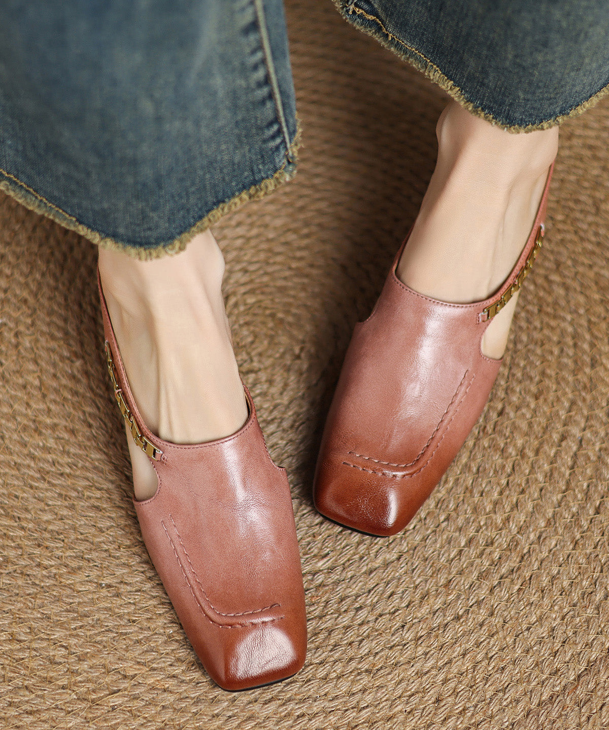 Wedge Classy Cowhide Splicing Slide Leather Pink Sandals FashionChic