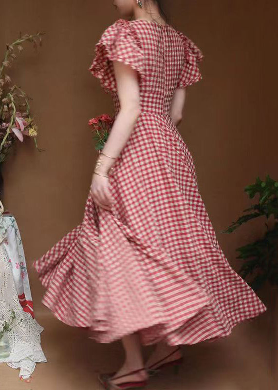 Classy Plaid V Neck Ruffled Pockets Cotton Dresses Summer KK001 SH-LF-SDL240602
