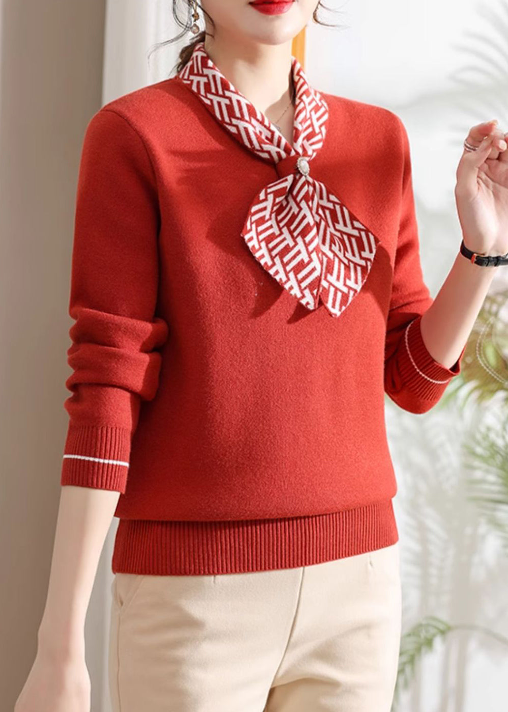 Classy Red Bow Thick Warm Fleece Knit Sweaters Spring TQ008 ABC
