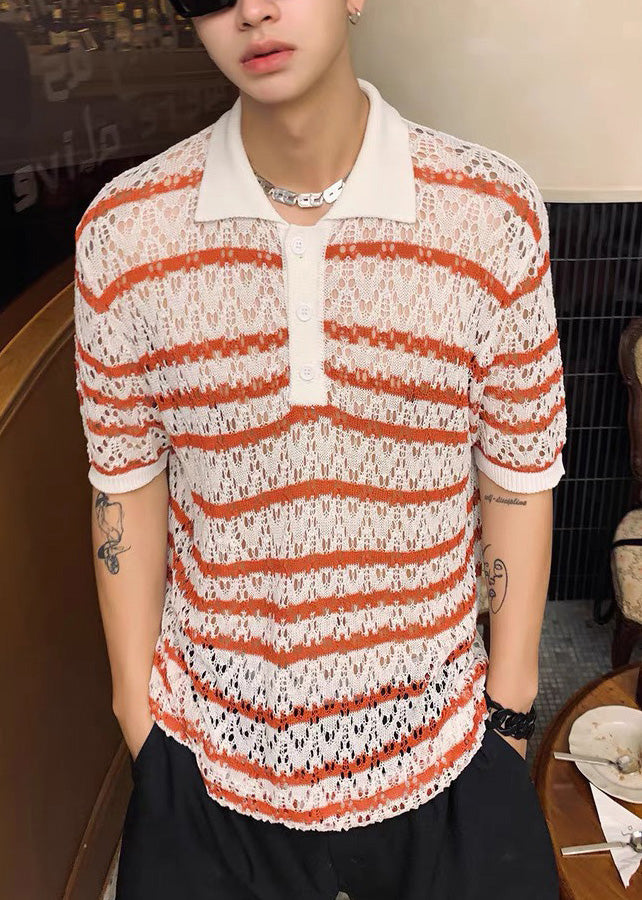 Classy Hollow Out Summer Red Knit Polo Mens Shirts Striped FashionChic