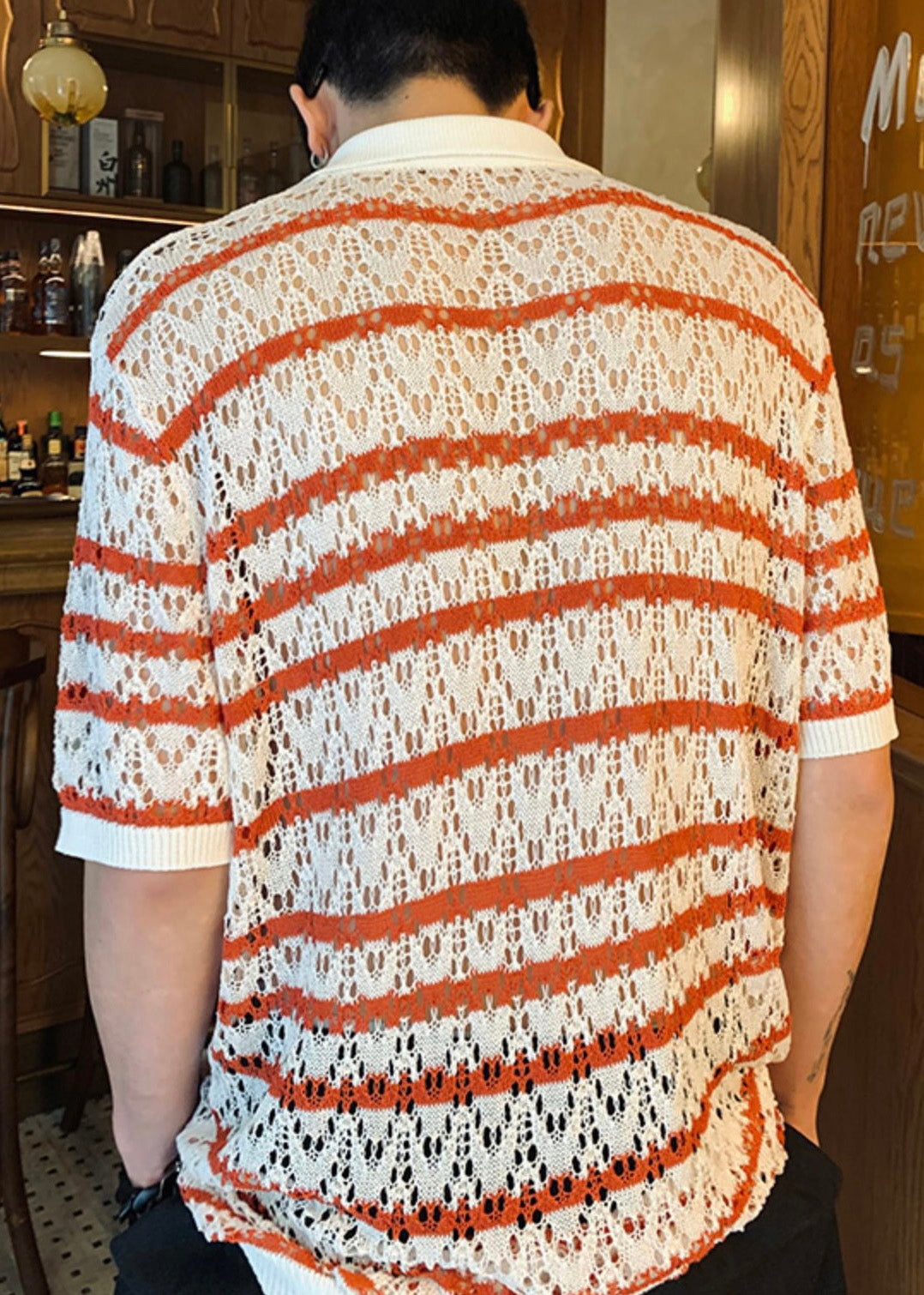 Classy Hollow Out Summer Red Knit Polo Mens Shirts Striped FashionChic