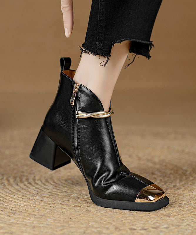 Classy Splicing Chunky Heel Ankle Boots Black Cowhide Leather YR031 ABC