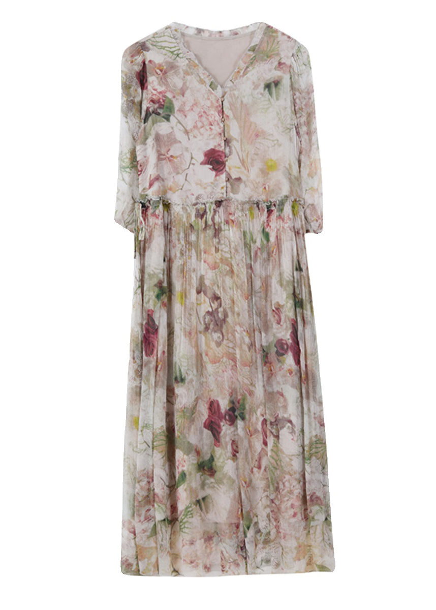 Classy V Neck Print Ruffled Drawstring Silk Dress Summer BB030 Hawaii-SDL240622