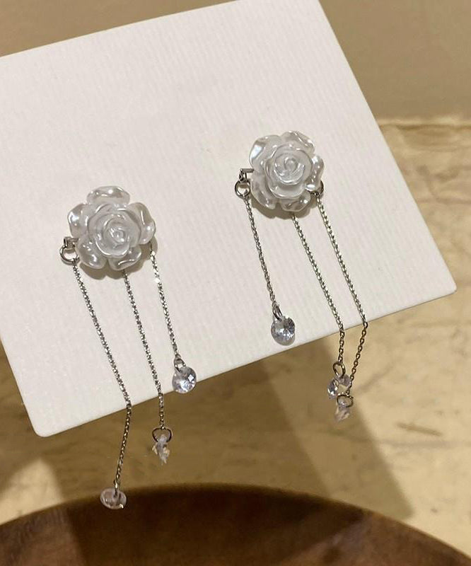 Alloy White Tassel Classy Earrings Crystal Drop Camellia FashionChic