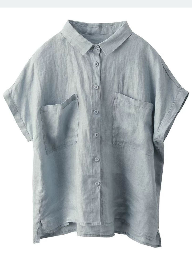 Classy Peter Shirt Linen Summer Collar White Pan Pockets Top FashionChic