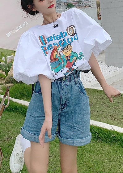 Classy Summer Cotton Sleeve Puff Tanks Print White FashionChic