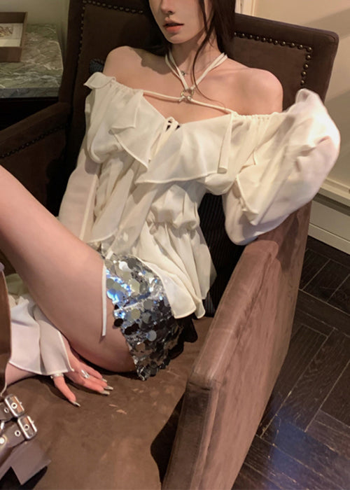 Classy White Ruffled Lace Up Chiffon Shirt Long Sleeve KK089 SH-LF-LTP240602