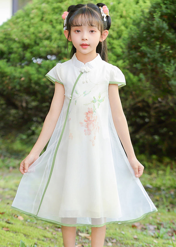 Classy White Stand Collar Print Tulle Girls Maxi Dresses Summer MN025 MM-RCTZ-SDL240701