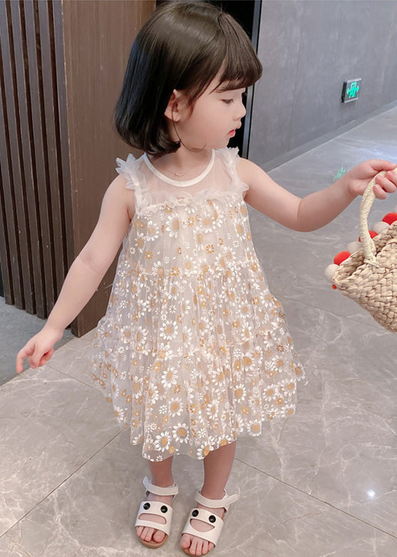 Classy White Sunflower Lace Patchwork Tulle Girls Mid Dress Summer GF004 MM-RCTZ-SDM230724