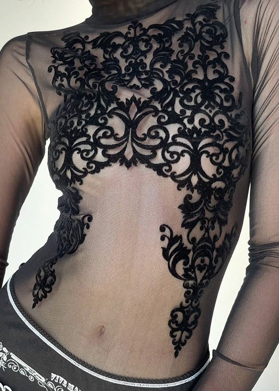Patchwork Club Black Mesh Bodysuit Sheer FashionChic