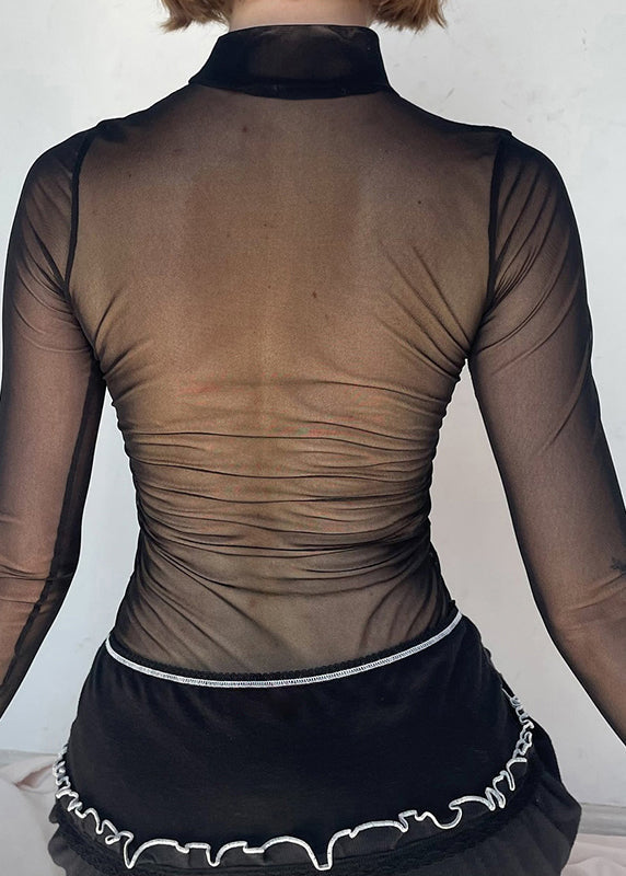 Patchwork Club Black Mesh Bodysuit Sheer FashionChic