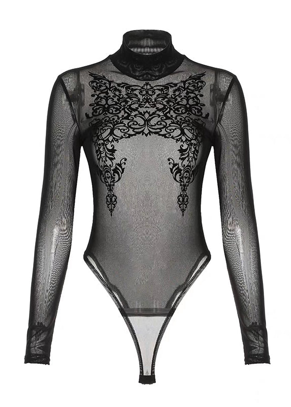 Patchwork Club Black Mesh Bodysuit Sheer FashionChic