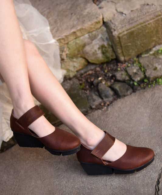 Coffee Heels Strap Buckle Splicing Sandals Leather Cowhide Wedge FashionChic