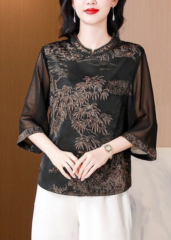 Coffee Embroidered Print Silk Shirt Stand Collar Summer OP1058 Ada Fashion
