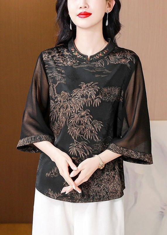 Coffee Embroidered Print Silk Shirt Stand Collar Summer OP1058 Ada Fashion