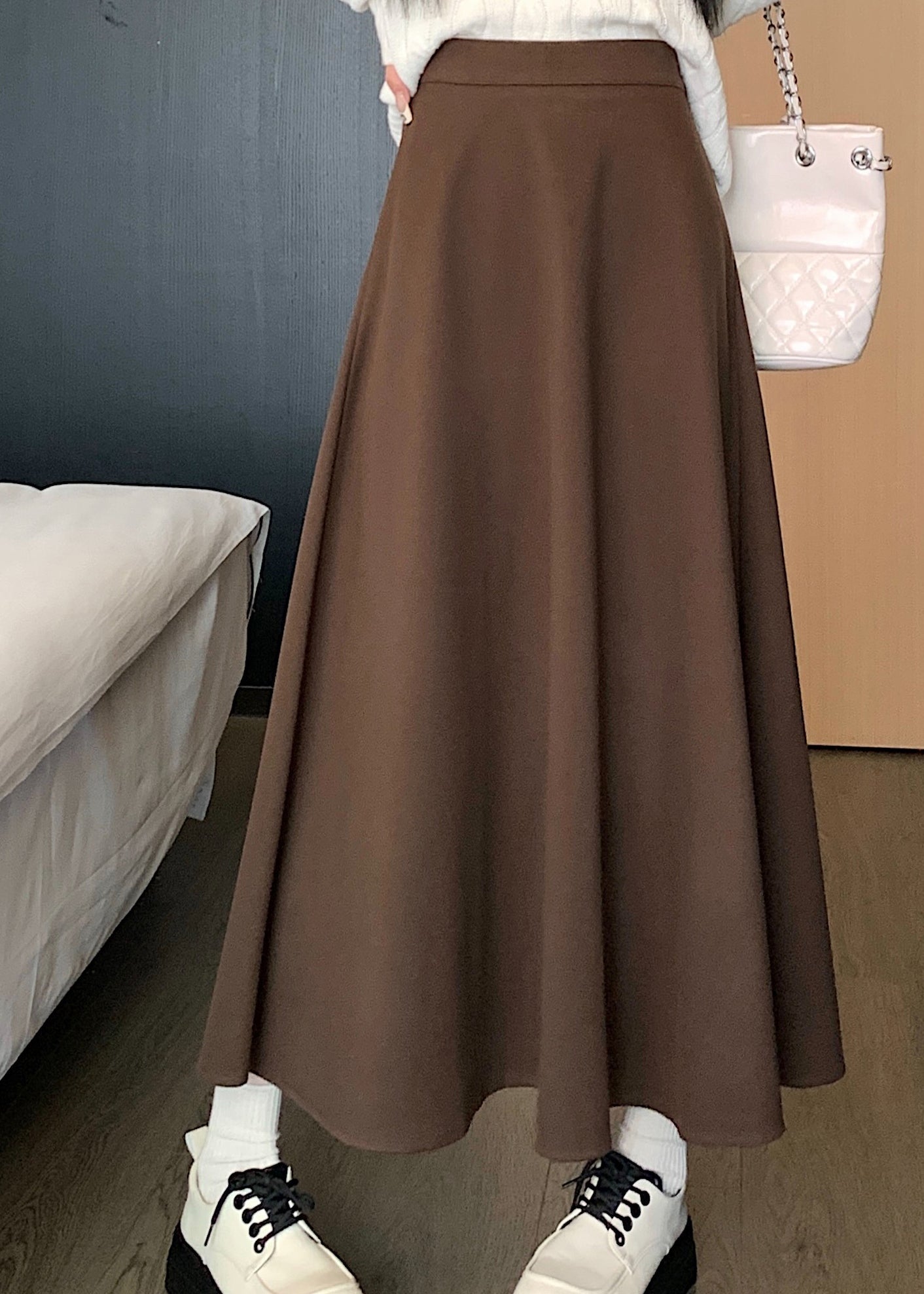 Coffee High Waist Elastic Waist Wrinkled Skirts Spring QQ1014 Ada Fashion