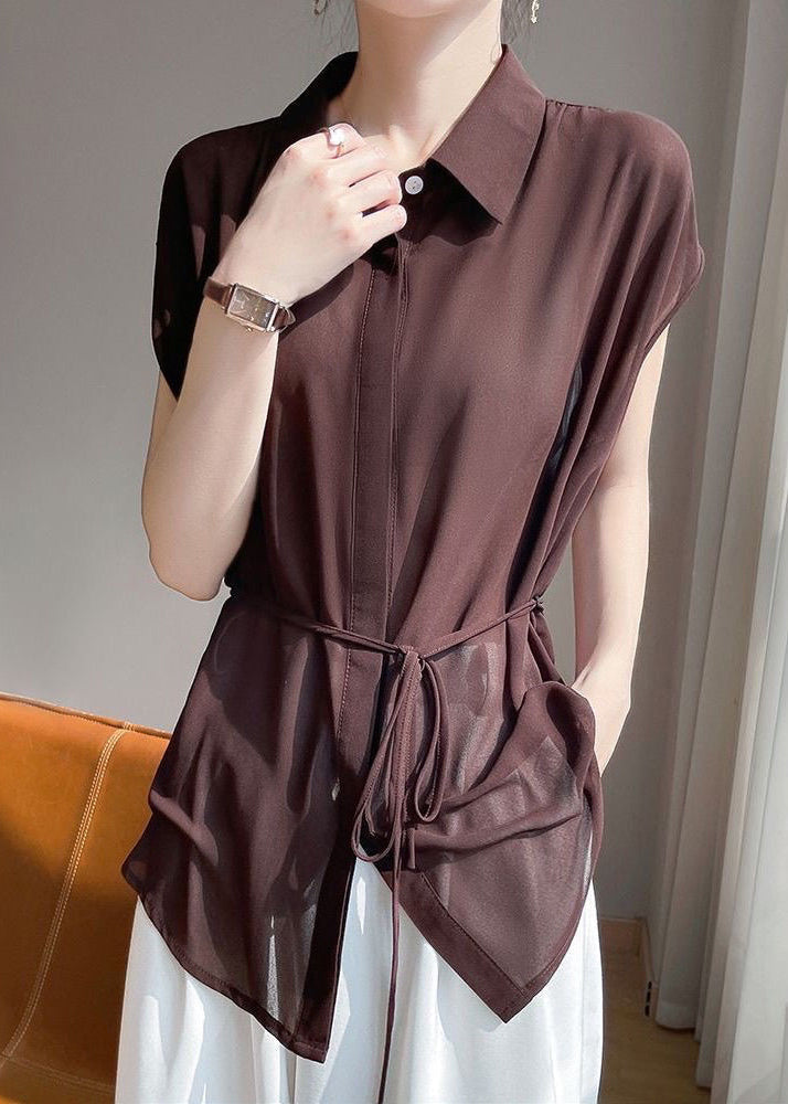 Up Coffee Chiffon Solid Lace Collar Peter Pan Blouses FashionChic