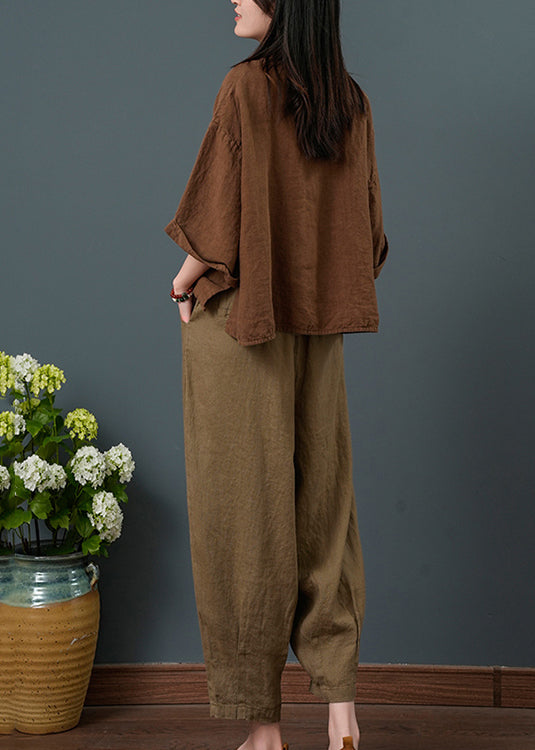 Linen Two Piece Bracelet Sleeve Suit Coffee Oversized Set FashionChic