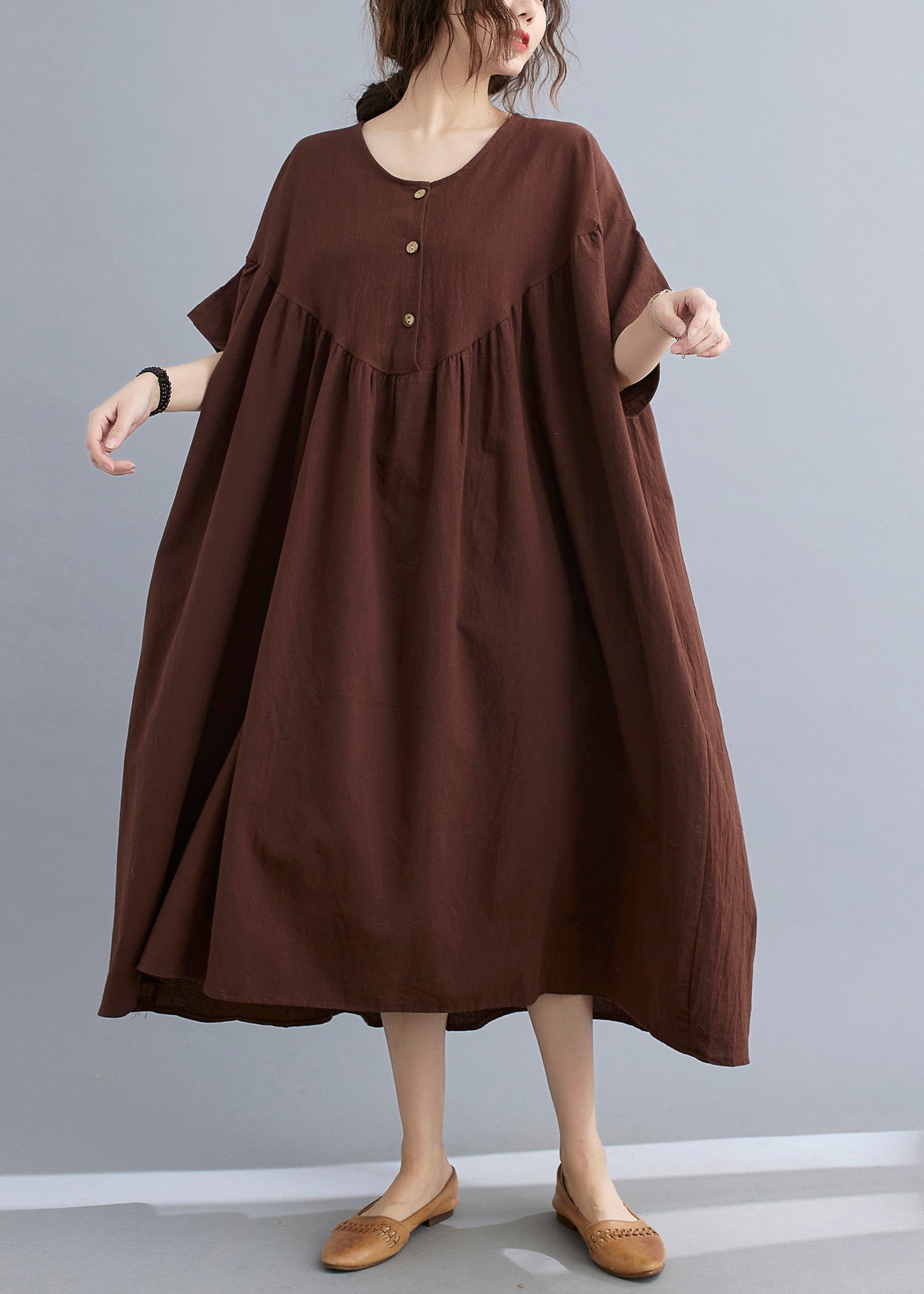 Coffee O-Neck Wrinkled Maxi Dresses Summer GH1049 Ada Fashion
