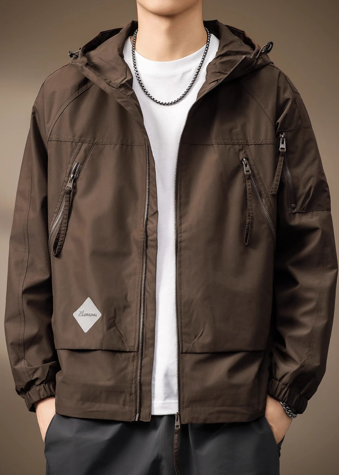 Spring Coffee Cotton Hooded Coats Drawstring Zippered Mens FashionChic