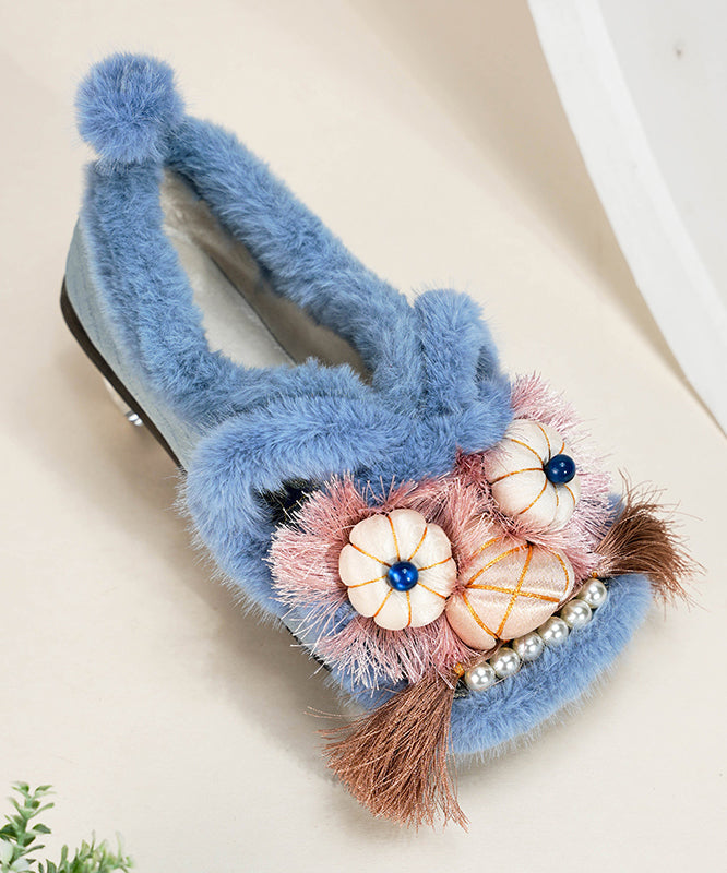 Comfortable Splicing Flat Shoes Green Cotton Fabric Fuzzy Wool Lined TQ040 ABC