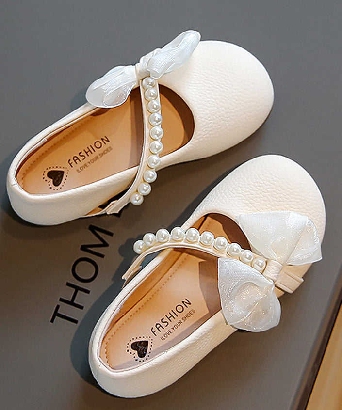 Comfy Beige Kids Leather Buckle Flats Nail Bead Girls Bow Faux FashionChic