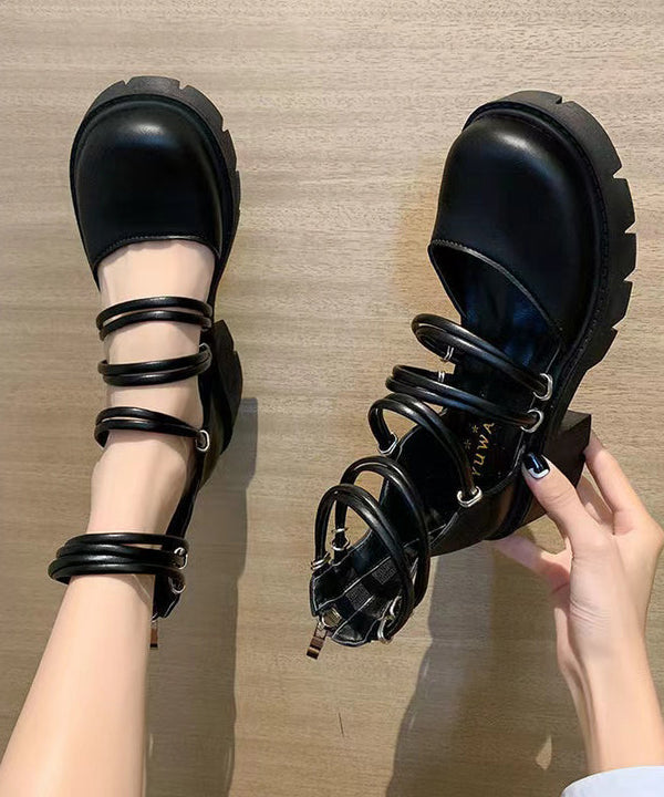 Comfy Chunky Heel Sandals Black Hollow Out Faux Leather RT1013 Ada Fashion