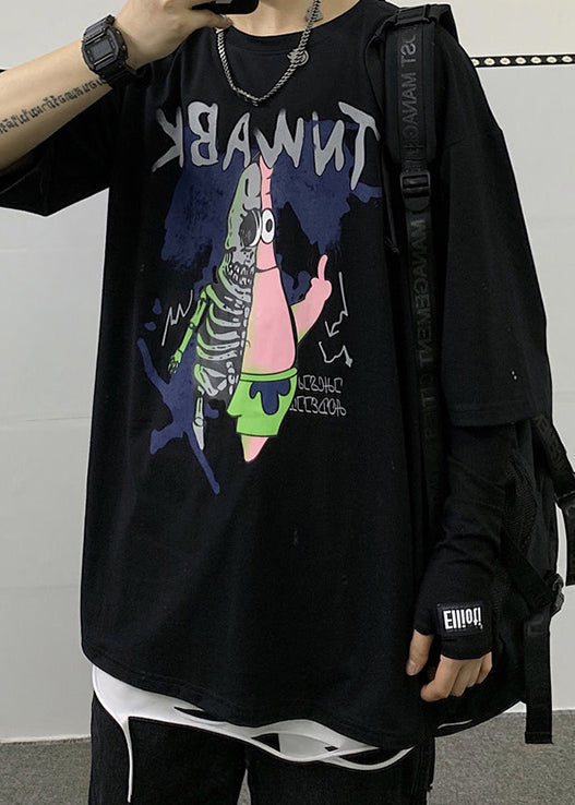 Half Cool Men Black Neck Print Cotton T Cartoon Sleeve Shirts O FashionChic