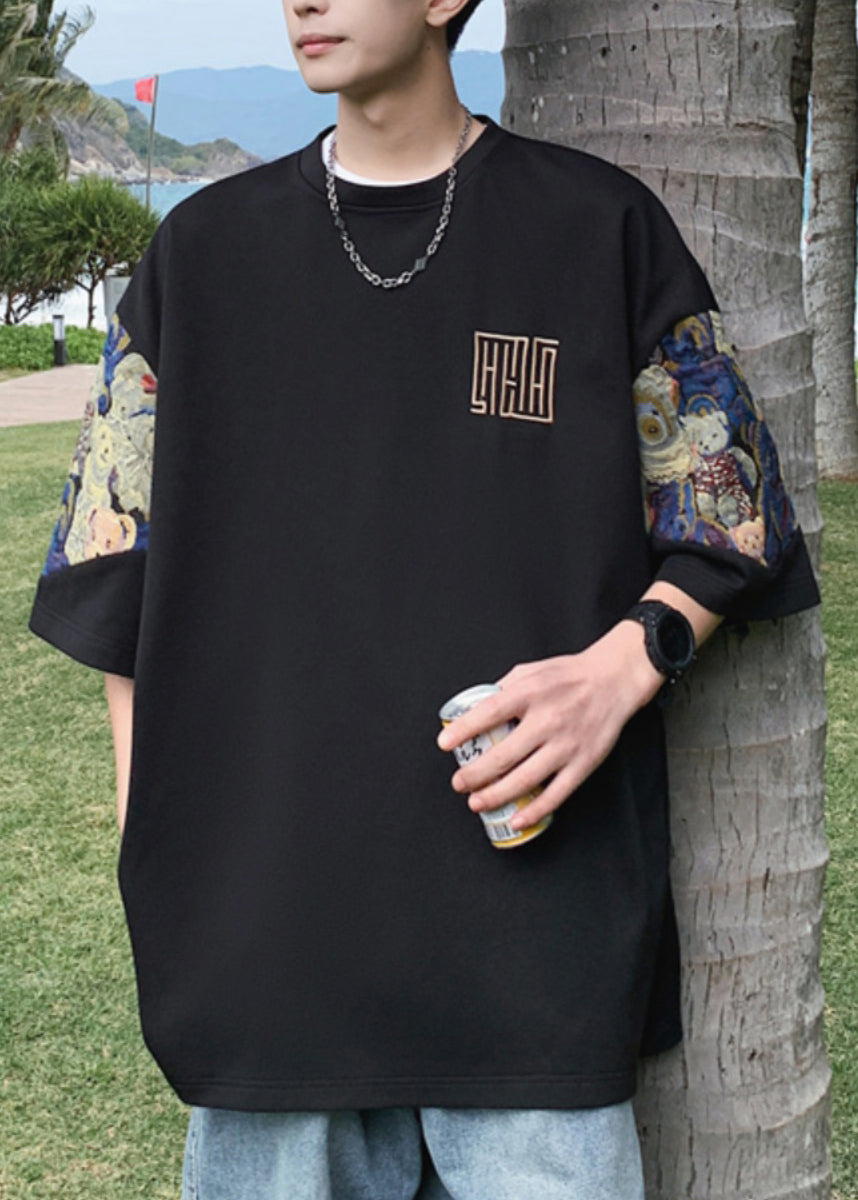 Neck O Shirts Embroideried T Cotton Black Men's Cool Summer FashionChic