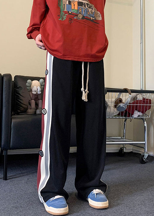 Patchwork Black Cotton Cool Drawstring Striped Spring Mens Pants FashionChic