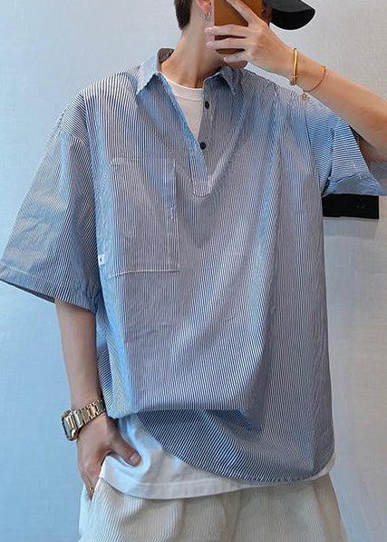 Summer Blue Oversized Tshirt Cotton Cool Striped Mens FashionChic