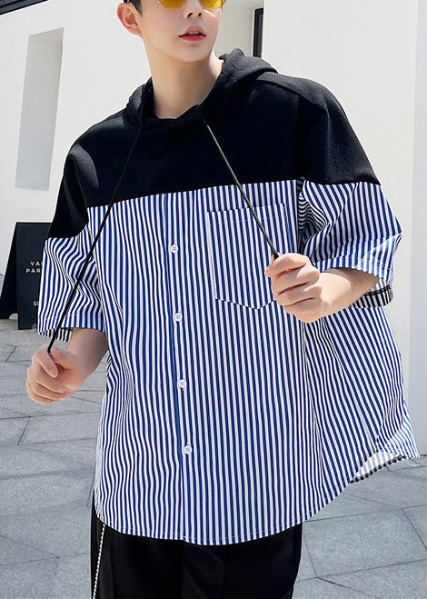 Sweatshirt Patchwork Summer Hooded Men Blue Striped Cotton Cool FashionChic