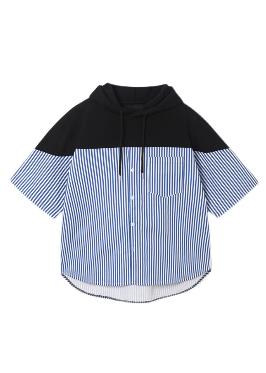 Sweatshirt Patchwork Summer Hooded Men Blue Striped Cotton Cool FashionChic