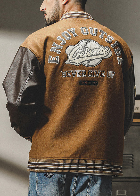 Cool Patchwork Men Woolen Parkas Brown Button TC007 Spring