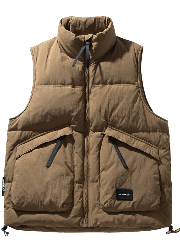 Cool Brown Stand Collar Zip Up Duck Down Men Vests Winter TK022