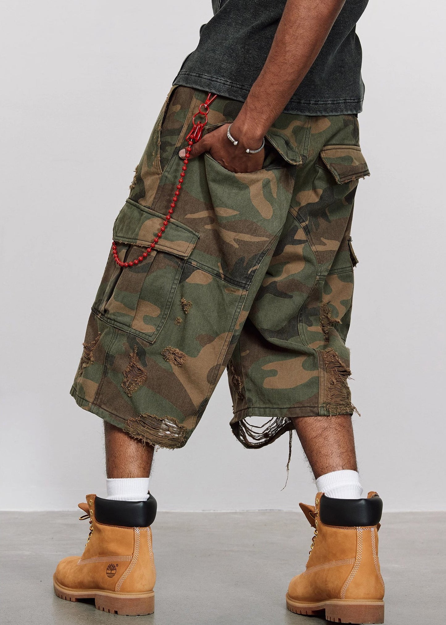 Crop Cool Cotton Pockets High Mens Waist Camouflage Pants Hole FashionChic
