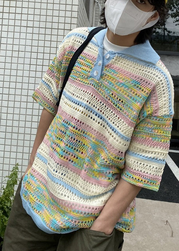 Shirts Summer Polo Print Out Cool Hollow Knit FashionChic