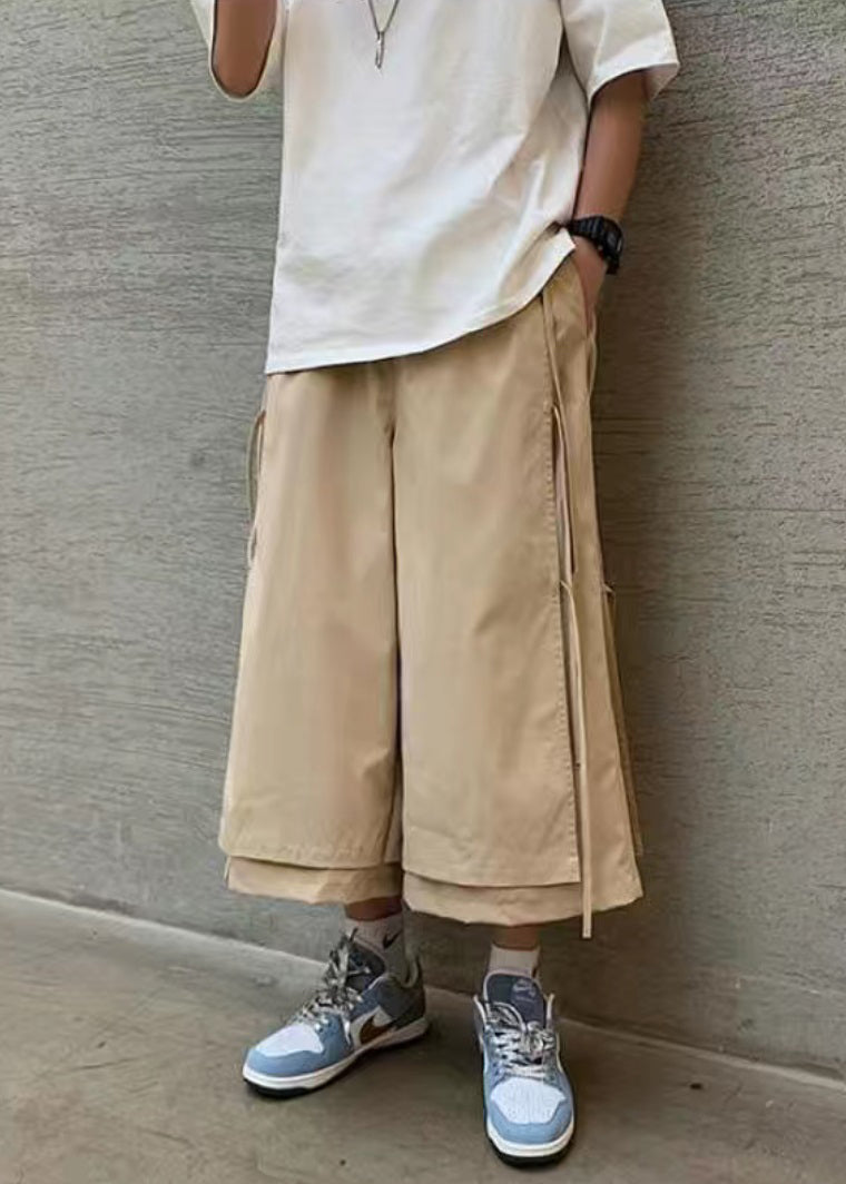 Cool Khaki Pockets Tassel Patchwork Fake Two Pieces Mens Crop Pants YT004 Men-Silk-MENCP240721