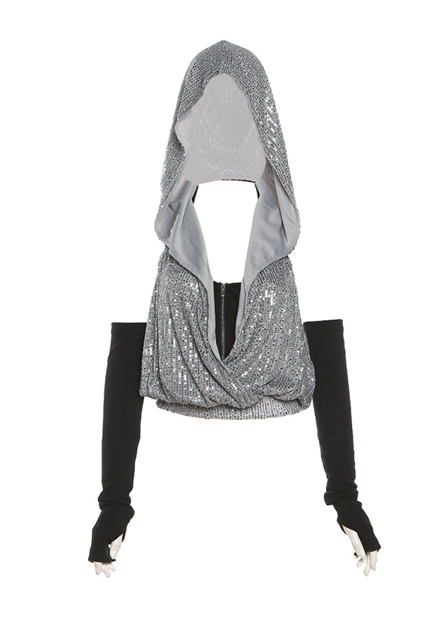 Neck Two-Piece Hooded Zipper Cool Sequin Hanging Set T-Shirt FashionChic