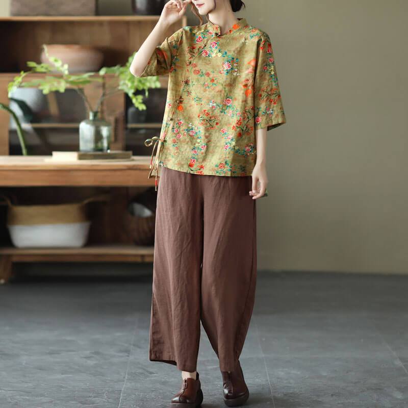 Cotton Linen Women Casual Floral Irregular Vintage Shirt OP1015 ZMMM