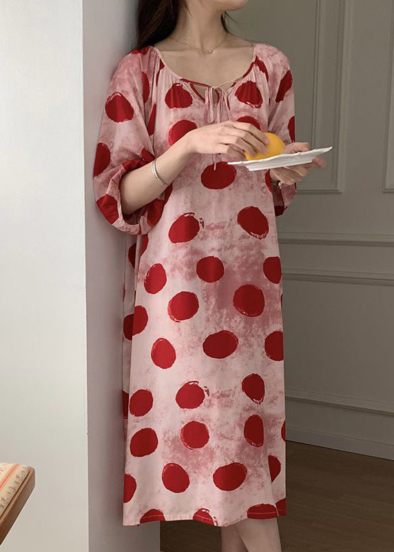 Cozy Pink Lace Up Print Cotton Pajamas Dresses Half Sleeve XX070 SH-LF-SDL240611