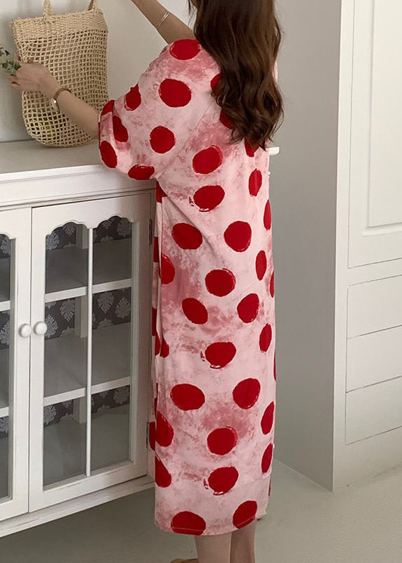 Cozy Pink Lace Up Print Cotton Pajamas Dresses Half Sleeve XX070 SH-LF-SDL240611