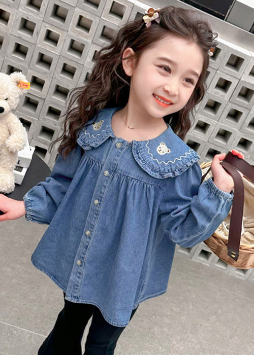 Cute Blue Peter Pan Button Collar Girls Shirt Long Sleeve YU1047 WS-RCTZ-LTP240529