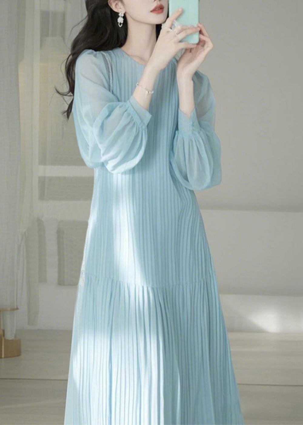 O-Neck Blue Maxi Spring Cinched Light Cute Dresses FashionChic