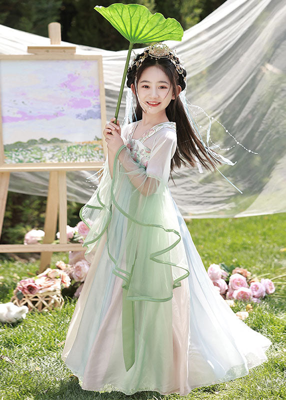 Spring Dresses Chiffon Cute Long Embroideried Kids Light Green FashionChic