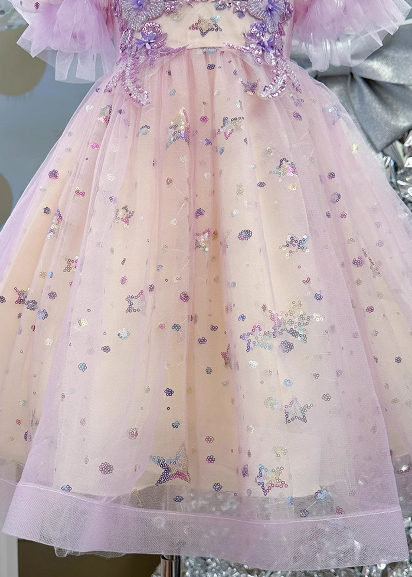 Cute Light Purple Nail Bead Star Tulle Girls Holiday Long Dress Summer YE007 ABC